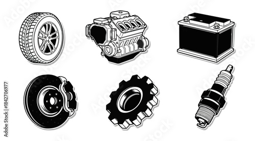 Automotive components illustration tire engine battery brake gear spark plug