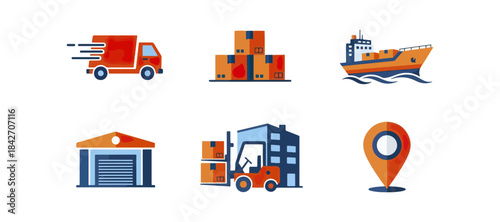 Delivery and logistics icons on black background