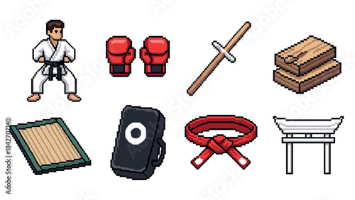 Pixel art martial arts icons: karate gear, weapons, and symbols