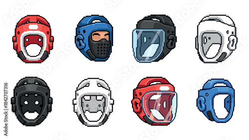 Pixel art helmets collection: martial arts and sports headgear in 8-bit style