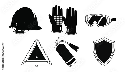 Safety equipment silhouettes helmet gloves goggles warning sign extinguisher and shield