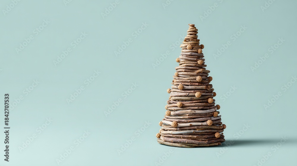 Obraz premium Layered twig Christmas tree made from foraged materials on a teal backdrop with warm lighting