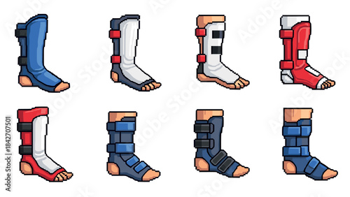 Pixel art orthopedic casts set: colorful ankle and leg supports in blue, red, and white