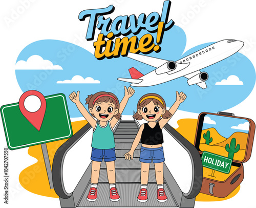 Happy children ready for holiday trip, airport and vacation promotion graphic.