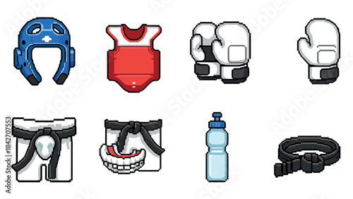 Pixel art martial arts gear collection: protective equipment and accessories