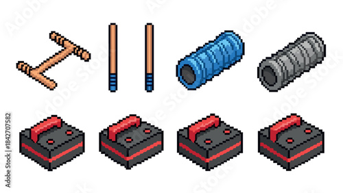 Retro gaming controllers and accessories in isometric pixel art style