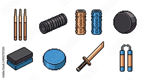 Retro pixel art: martial arts equipment and gear icons collection