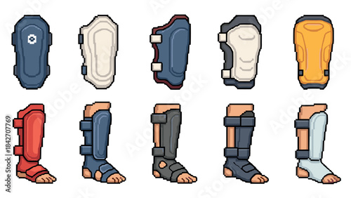 Pixel art medical leg braces and shin guards set