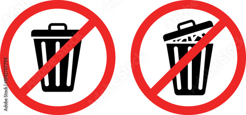 No Trash Can or No Dumping Signs: Prohibition Icons for Waste Disposal and Delete Function