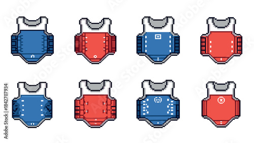 Retro pixel art armor collection: eight colorful variants in blue and red