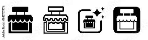 Store icon representing a food market and retail business in a clean black vector illustration on a transparent background