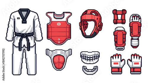Pixel art martial arts gear set with protective equipment and taekwondo uniform