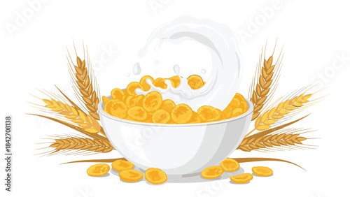 A bowl of cornflakes with milk and wheat on a with a spoon and some flakes falling into the bowl
