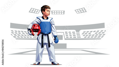 Young martial artist in protective gear standing confidently in stadium