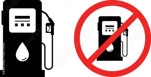 Gasoline and No Fuel Pump Icons: Petrol Station Symbol and Prohibition Sign Vector Set