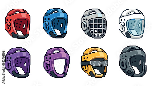 Collection of colorful pixel art helmets with various designs