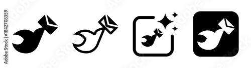 Pigeon messenger carrying envelope icon in a clean black vector illustration on a transparent background