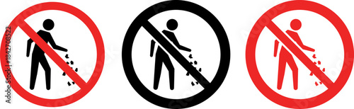 No Littering Prohibition Sign: Keep Area Clean and Environmental Etiquette Vector Icons