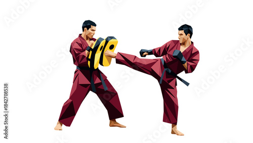 Polygonal martial arts training with fighters practicing in red uniforms
