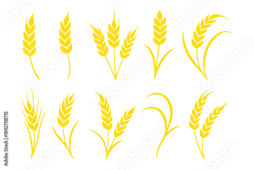 Wheat icon set. Collection of black wheat ear silhouettes, ideal for agriculture logos, organic product labels, and rural themed designs. Vector illustration. EPS 10
