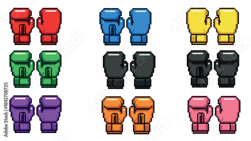 Colorful pixel art boxing gloves set with nine varied colors for retro gaming