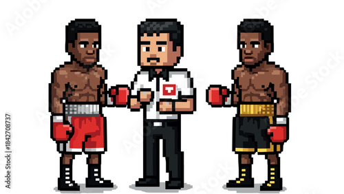 Retro pixel art boxing match with referee in classic style