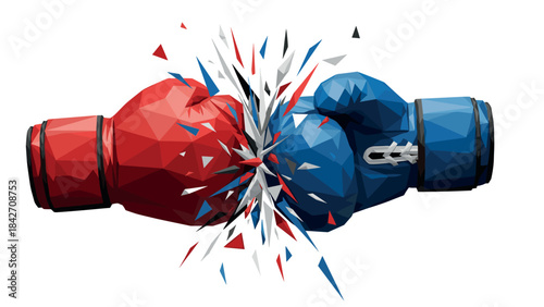 Polygonal red and blue boxing gloves collide with shattered geometric effect
