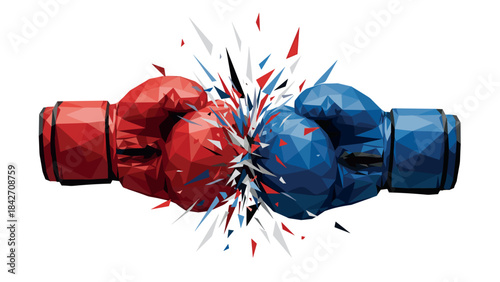 Geometric boxing gloves collision: red vs blue impact with shattered effect