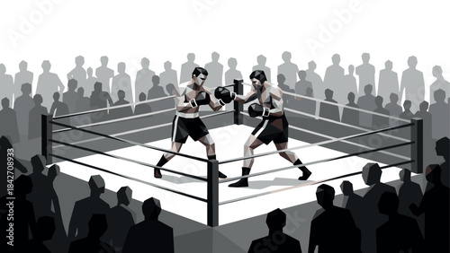 Stylized boxing match with audience in geometric design