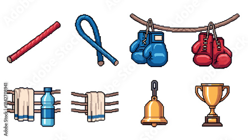 Boxing equipment icons: pixel art style with gloves, jump rope, and more