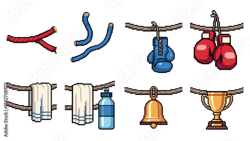 Pixel art boxing icons: gloves, ropes, towel, bell, trophy, and bottle