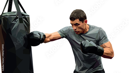 Low poly boxer training with punching bag