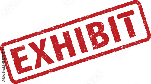 Distressed Red Exhibit Rubber Stamp Impression on White Background, Slightly Angled, Textural Details