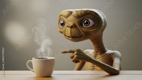 Et the extraterrestrial character pointing at a steaming cup of coffee