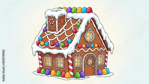Gingerbread House illustration: A meticulously crafted gingerbread house, adorned with colorful candies and glistening icing, evokes warmth and nostalgia.