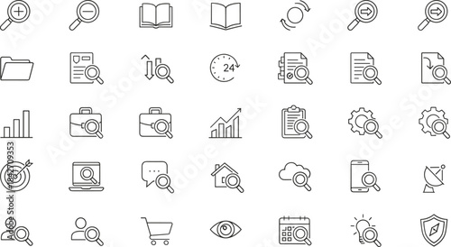 A large set of thin line icons for searching, zooming, data analysis, business, time management, documents, technology, and general interface functions.