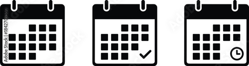 A group of three simple, modern black-and-white icons representing a calendar for scheduling events, with one showing a checkmark and another a clock symbol.