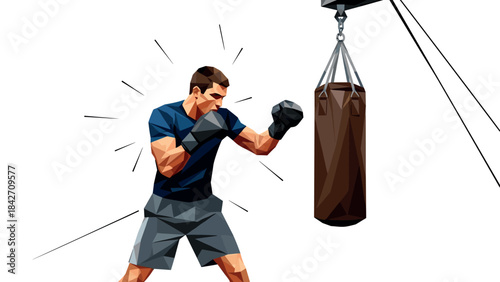Polygonal boxer training with punching bag in geometric style