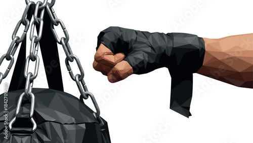 Low poly style punching glove and bag - dynamic sports concept