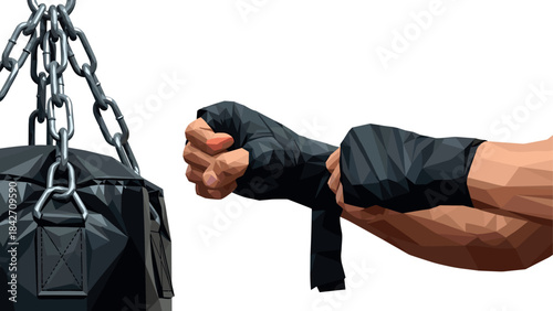 Geometric design of a boxer's fist in wraps striking a punching bag