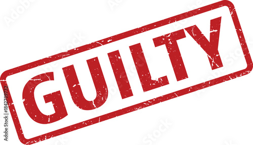 Red Guilty Rubber Stamp Impression on White Background, angled and textured, clean look