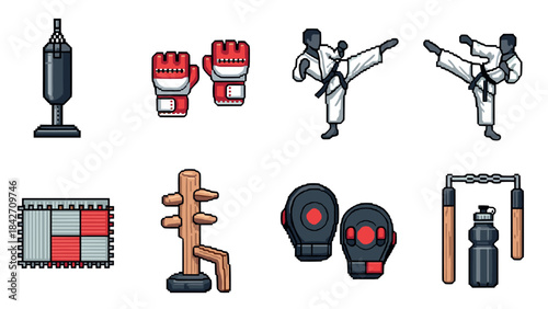 Karate and martial arts gear in pixel art style for training concepts