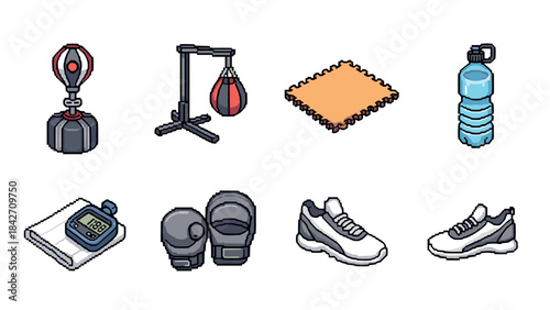 Pixel art gym essentials: punching bag, shoes, water bottle, gloves, scale