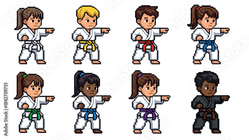 Pixel art martial arts characters in diverse uniforms performing action poses
