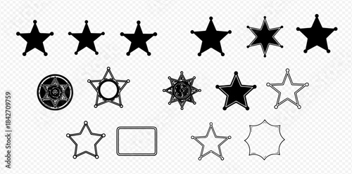 Collection of various star shapes, sheriff badges, and geometric outlines on transparent background.