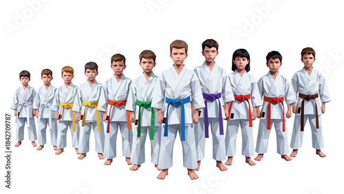 Children in martial arts uniforms with colorful belts in geometric style