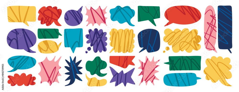 Naklejka premium Abstract Speech Bubbles set of various shapes, bubble stars, rectangular, round and geometric Speech Bubbles with a texture of lines. Creative, positive, colorful elements for social media, posters