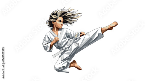 Geometric martial artist performing high kick in dynamic pose