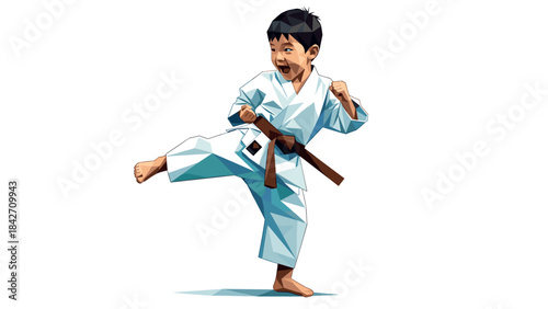 Geometric polygonal art of karate kid in action pose with white and brown belt