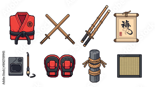 Traditional martial arts equipment set featuring swords, robe, and training tools in pixel art style